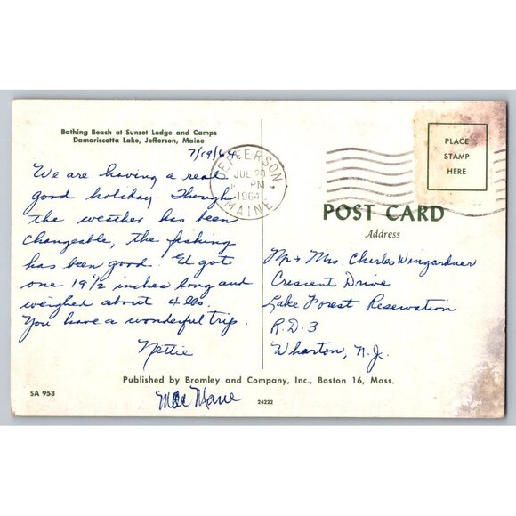 Vintage 1964 Postcard Bathing Beach At Sunset Lodge Camps Jefferson Maine  #1486 - Picture 2 of 2